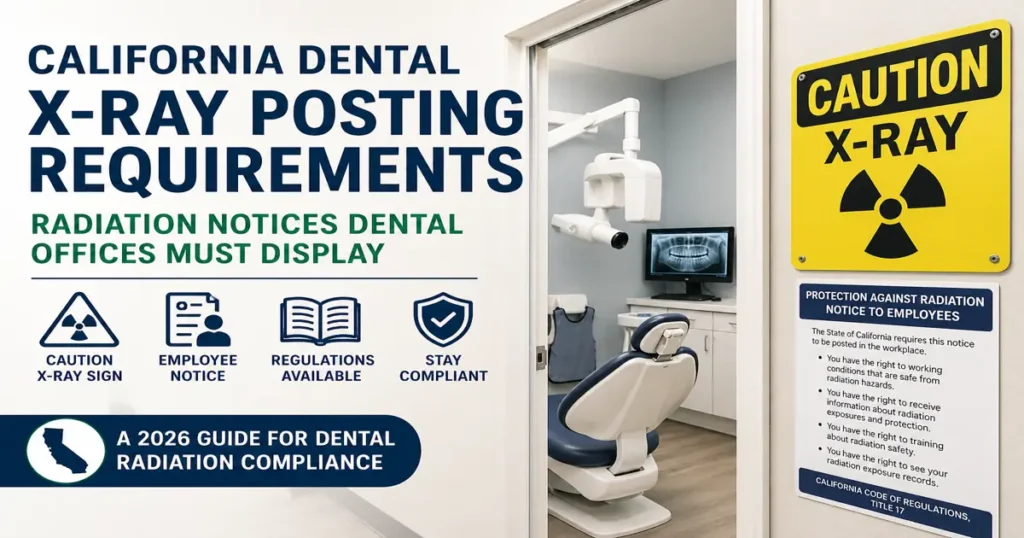 California dental X-ray posting requirements showing CAUTION X-RAY sign and radiation notice to employees for dental office compliance