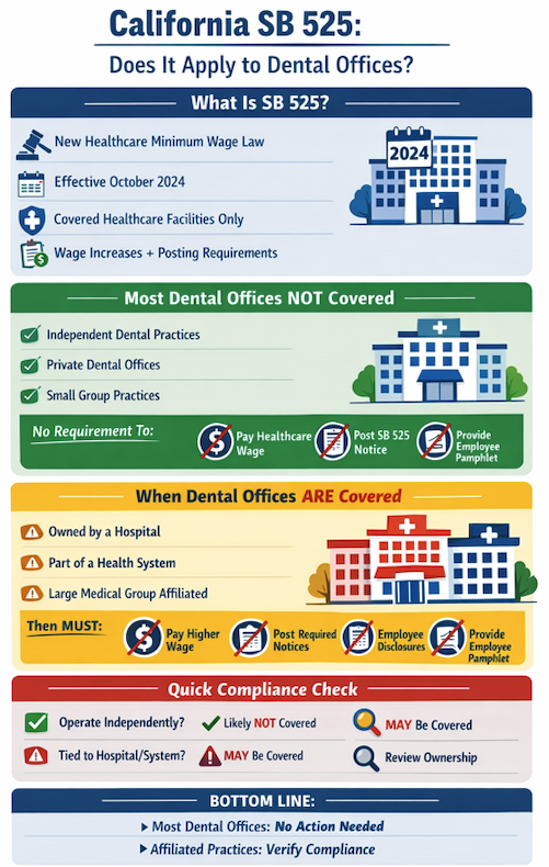 California healthcare minimum wage SB 525 dental offices infographic showing coverage rules