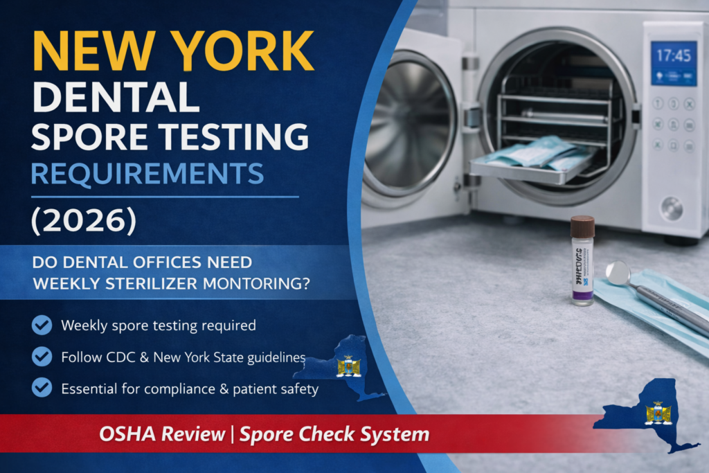 New York dental spore testing requirements 2026 weekly sterilizer monitoring autoclave