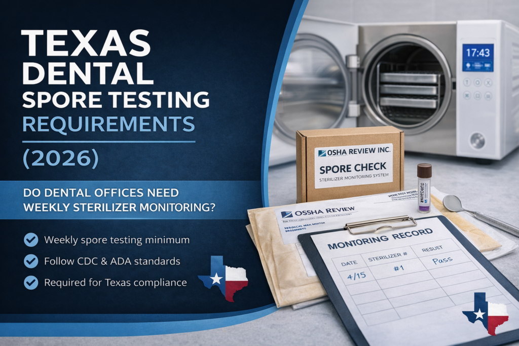 Texas dental spore testing requirements weekly sterilizer monitoring 2026