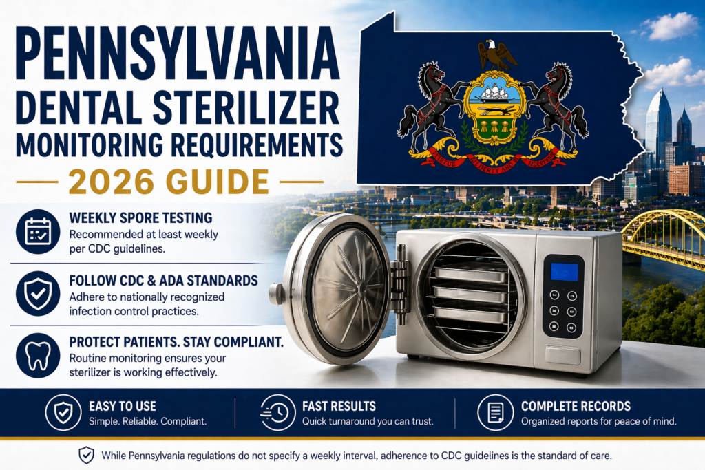 Pennsylvania dental sterilizer monitoring requirements weekly spore testing 2026