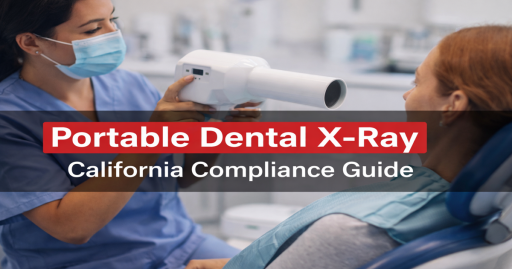 Portable handheld dental X-ray unit used in a California dental office under compliance guidelines