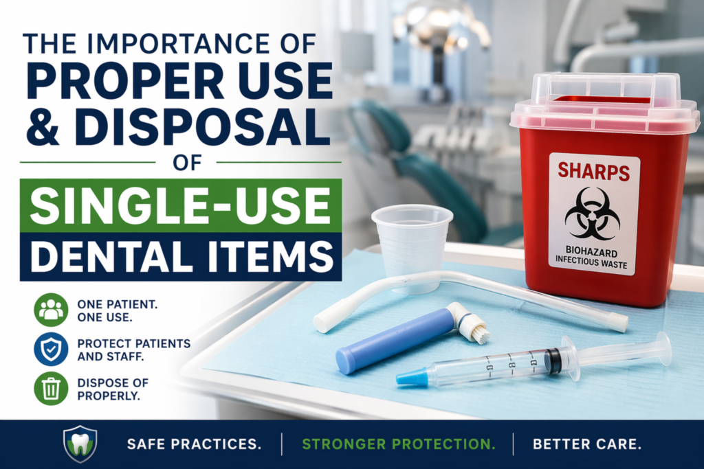 Proper use and disposal of single-use dental items including sharps container and disposable dental tools in operatory