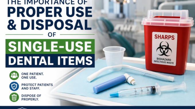 Proper use and disposal of single-use dental items including sharps container and disposable dental tools in operatory
