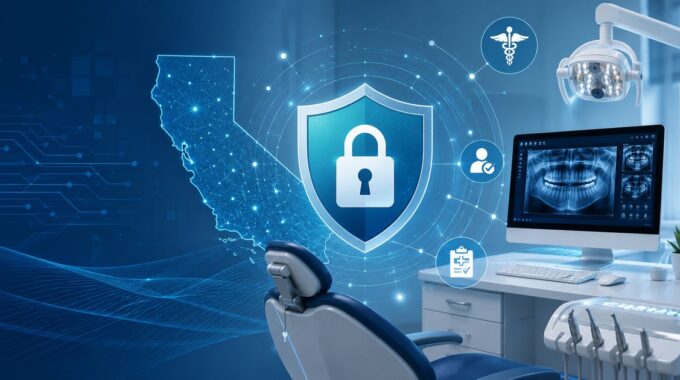 California dental office with HIPAA security shield, AI data protection, and dental X-ray computer — AI compliance for dentists