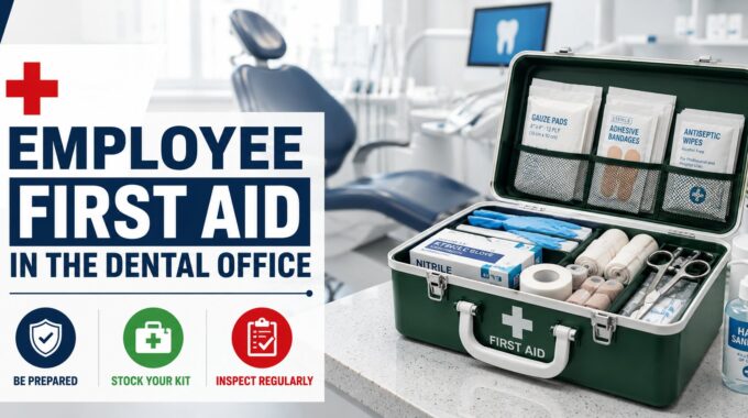 Workplace first-aid kit open on a dental operatory counter, illustrating OSHA employee first-aid requirements for a dental office