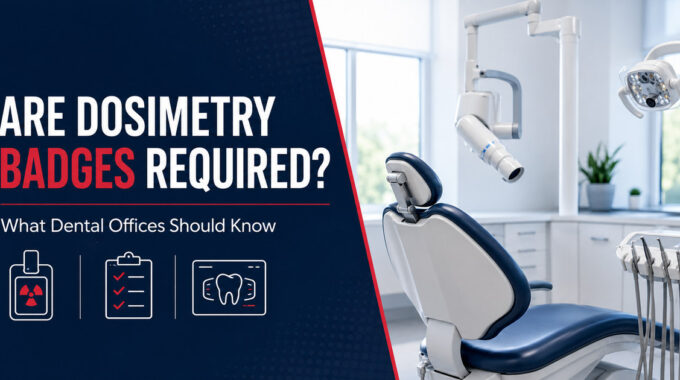 Dental treatment room with X-ray equipment, illustrating the question: are dosimetry badges required in dental offices?