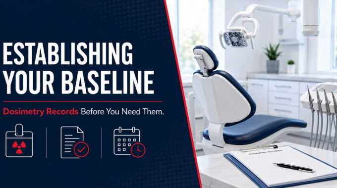 Dental office X-ray room illustrating baseline dosimetry monitoring for radiation exposure records.