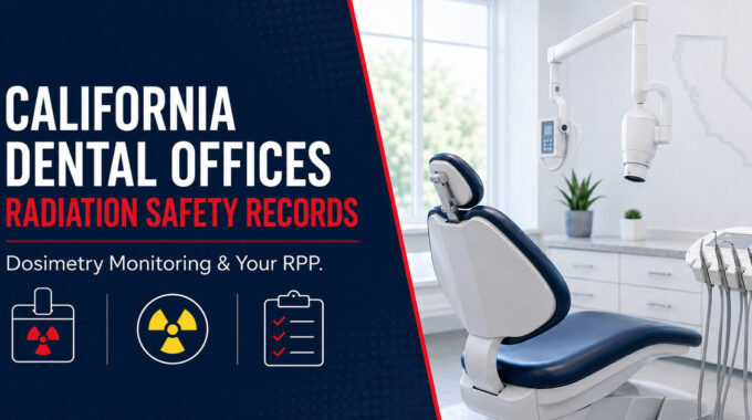 California dental office radiation safety file illustrating dosimetry monitoring for compliance documentation.