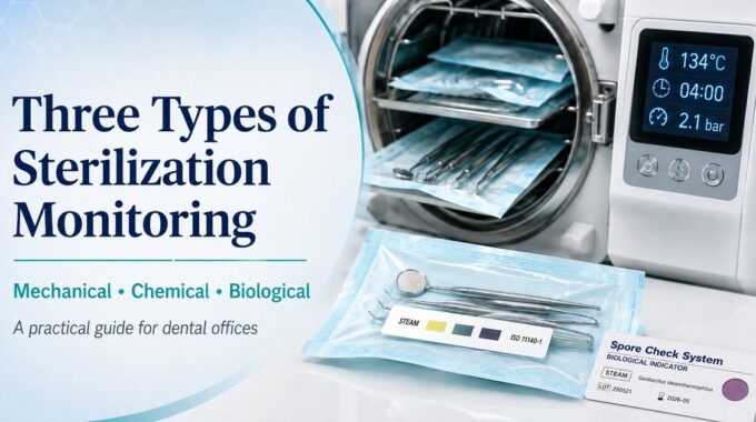 Dental autoclave with chemical indicator strip and biological spore test vial illustrating three types of sterilization monitoring