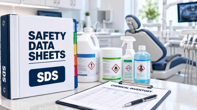 Safety data sheets binder, labeled chemical containers and a chemical inventory clipboard in a dental office
