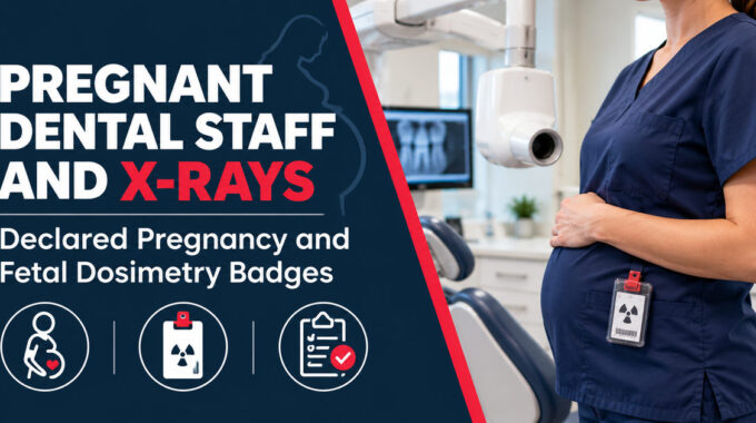 Pregnant dental assistant in a dental operatory wearing a fetal dosimetry badge at the waist near a dental X-ray unit