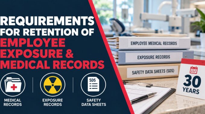 Binders labeled employee medical records, exposure records and safety data sheets beside a 30 years calendar, under the heading Requirements for Retention of Employee Exposure and Medical Records