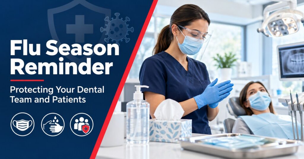 Dental team member in mask, face shield and gloves beside a masked patient, with hand sanitizer and tissues on the counter, under the heading Flu Season Reminder: Protecting Your Dental Team and Patients