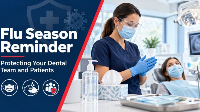 Dental team member in mask, face shield and gloves beside a masked patient, with hand sanitizer and tissues on the counter, under the heading Flu Season Reminder: Protecting Your Dental Team and Patients